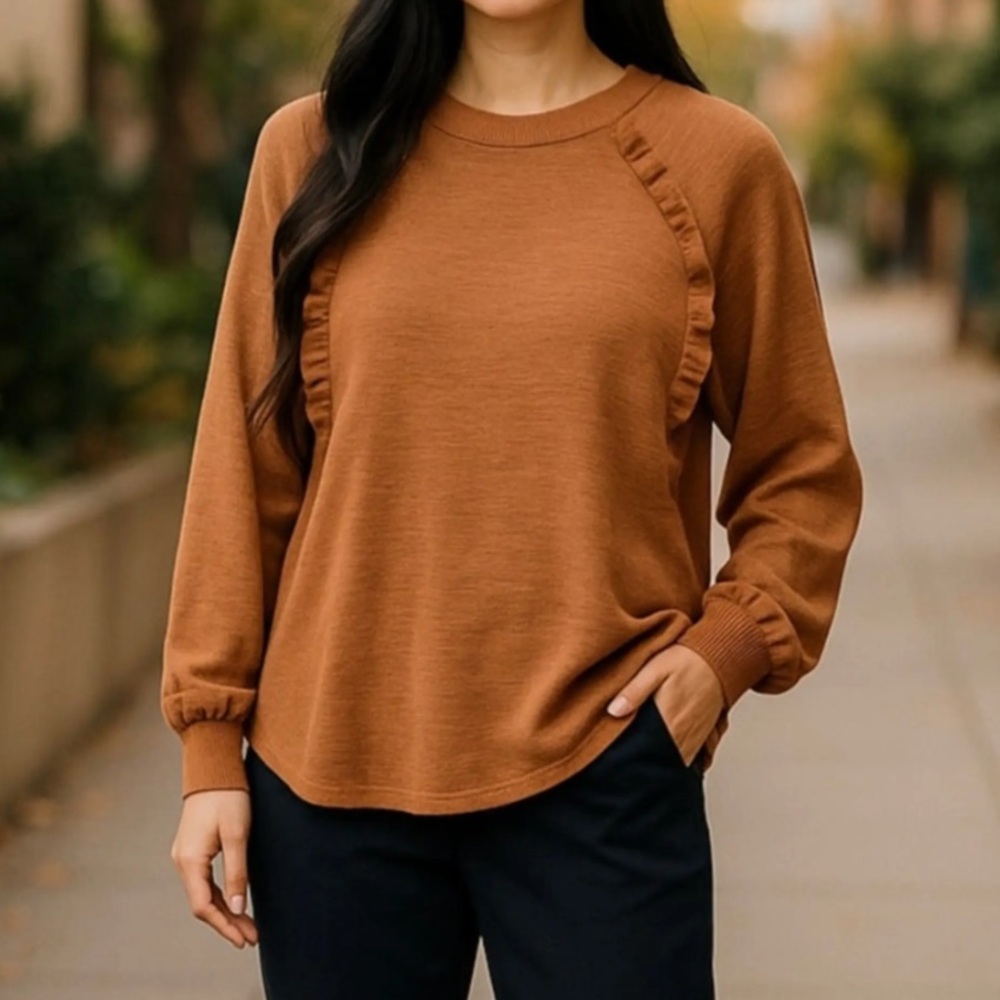 PILCRO Anthropologie Diana Ruffled Raglan Long Sleeve Pullover Tan Orange Sz XS